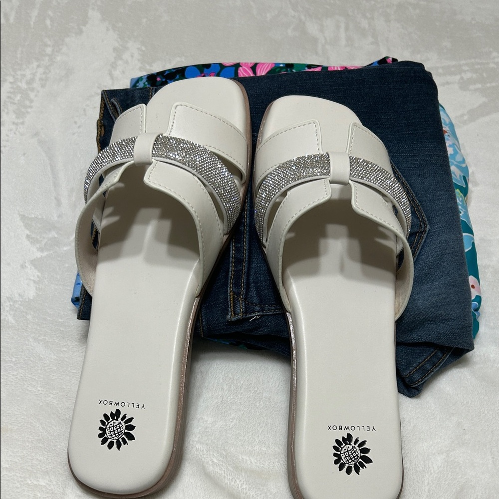 Yellow box white slide Sandals with Silver Accents